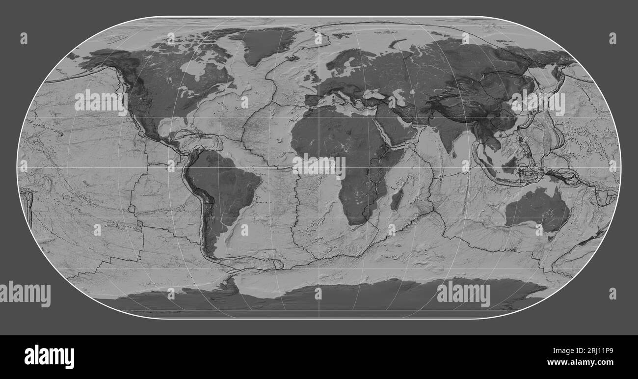 Tectonic plate boundaries on a bilevel map of the world in the Eckert