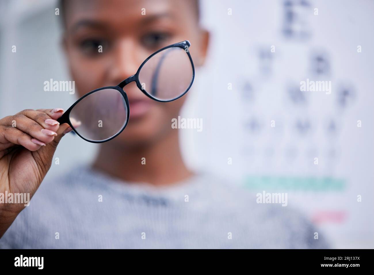 Optometry, eyesight and black woman with glasses for vision, eye care