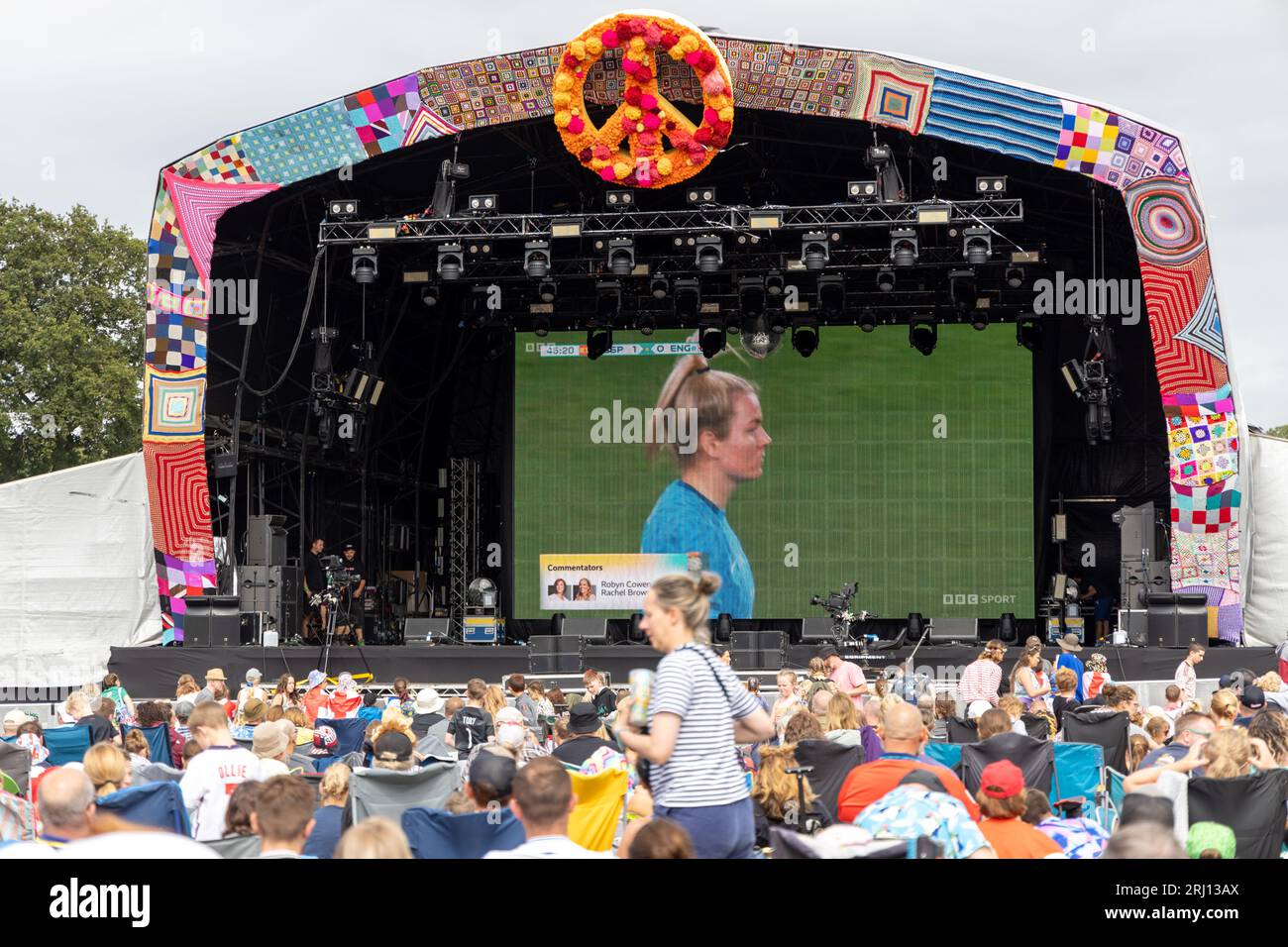 Camp Bestival, Weston Park, Shropshire, UK. 20th Aug, 2023. Crowds watch the Woman's World Cup Final, England vs Spain, shown on the main stage at one of the UK's best loved and most successful Family Music Festivals. Credit: Julian Kemp/Alamy Live News Stock Photo