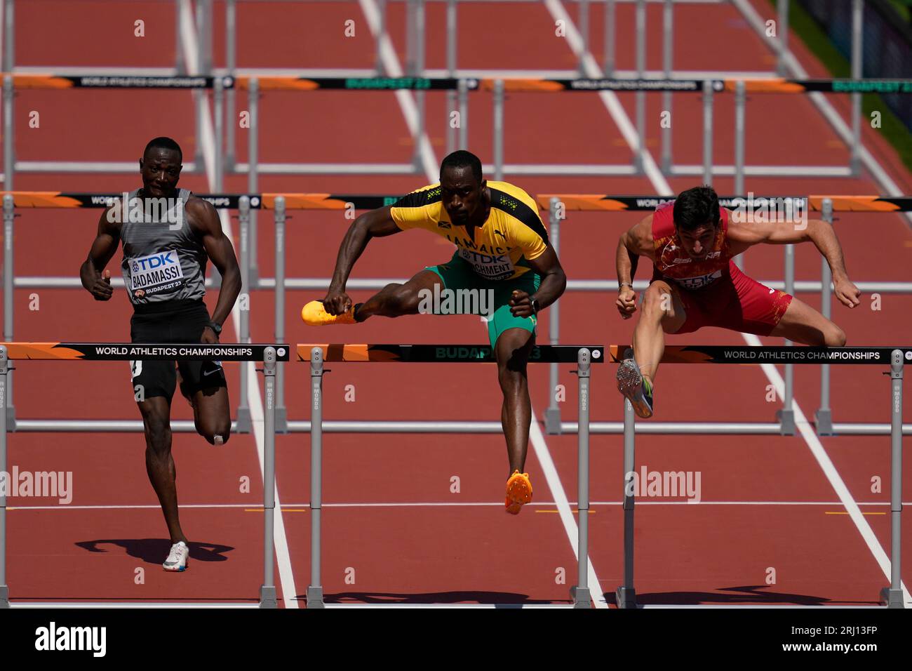 Hansle Parchment, of Jamaica, competes in the Men's 110meters hurdles