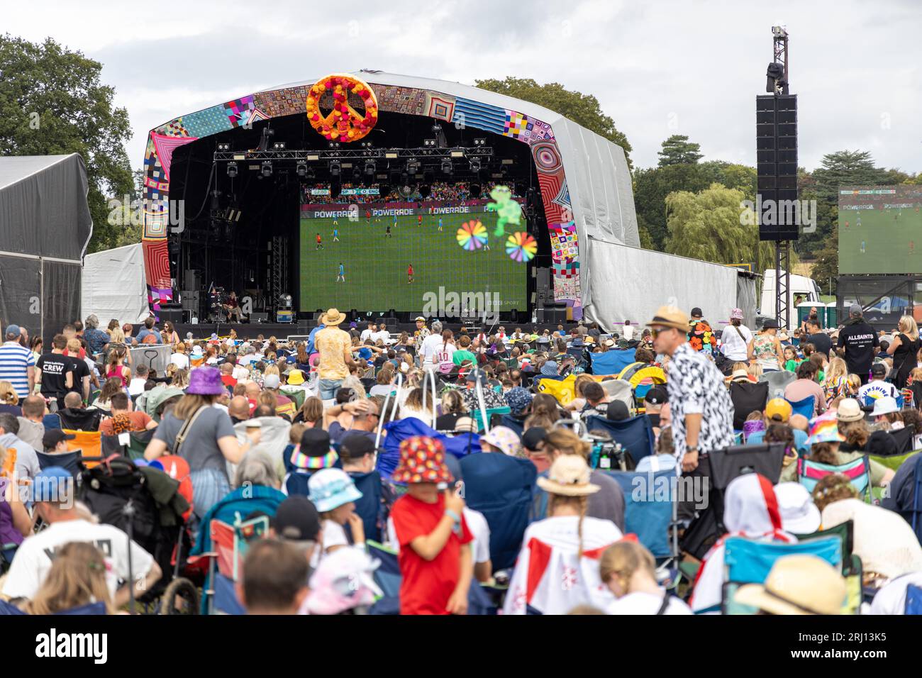 Camp Bestival, Weston Park, Shropshire, UK. 20th Aug, 2023. Crowds watch the Woman's World Cup Final, England vs Spain, shown on the main stage at one of the UK's best loved and most successful Family Music Festivals. Credit: Julian Kemp/Alamy Live News Stock Photo