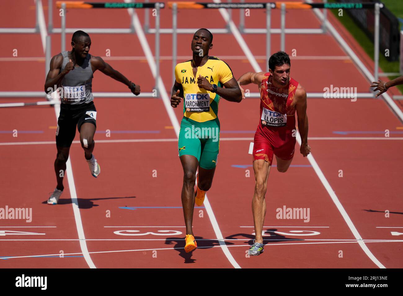 Hansle Parchment, of Jamaica, competes in the Men's 110meters hurdles