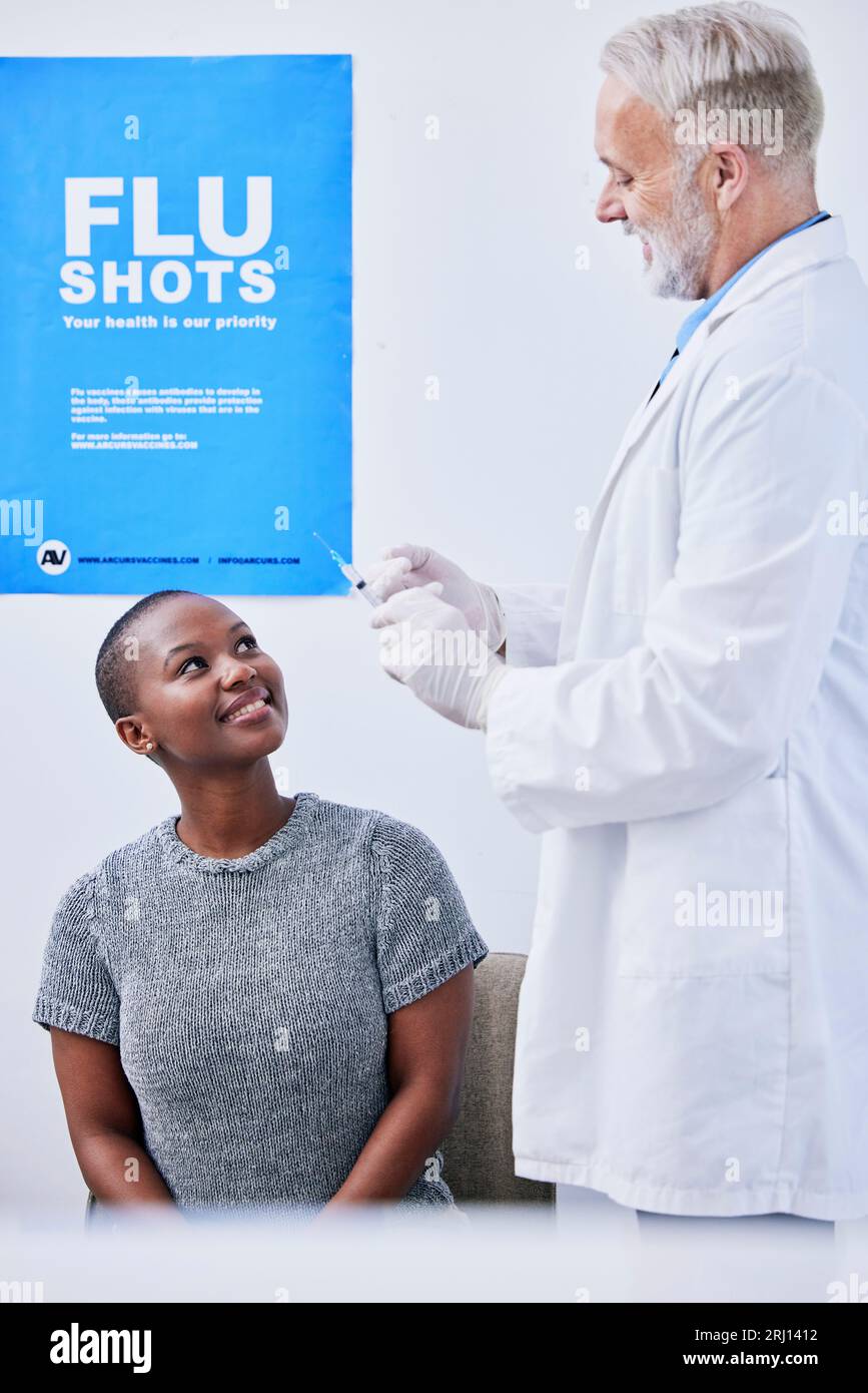 Flu vaccine, injection and black woman with doctor in clinic for virus protection, vaccination and shot. Healthcare, poster and health worker with Stock Photo