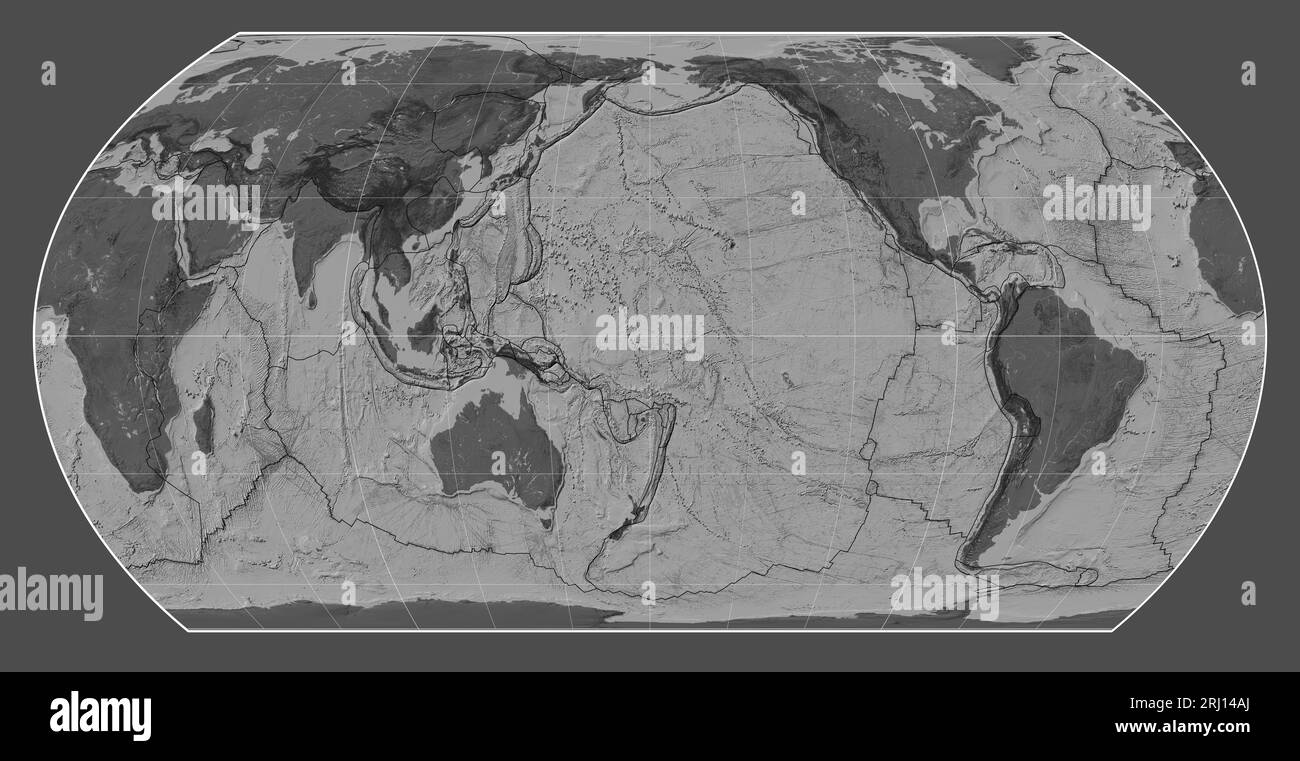Tectonic plate boundaries on a bilevel map of the world in the Hatano ...
