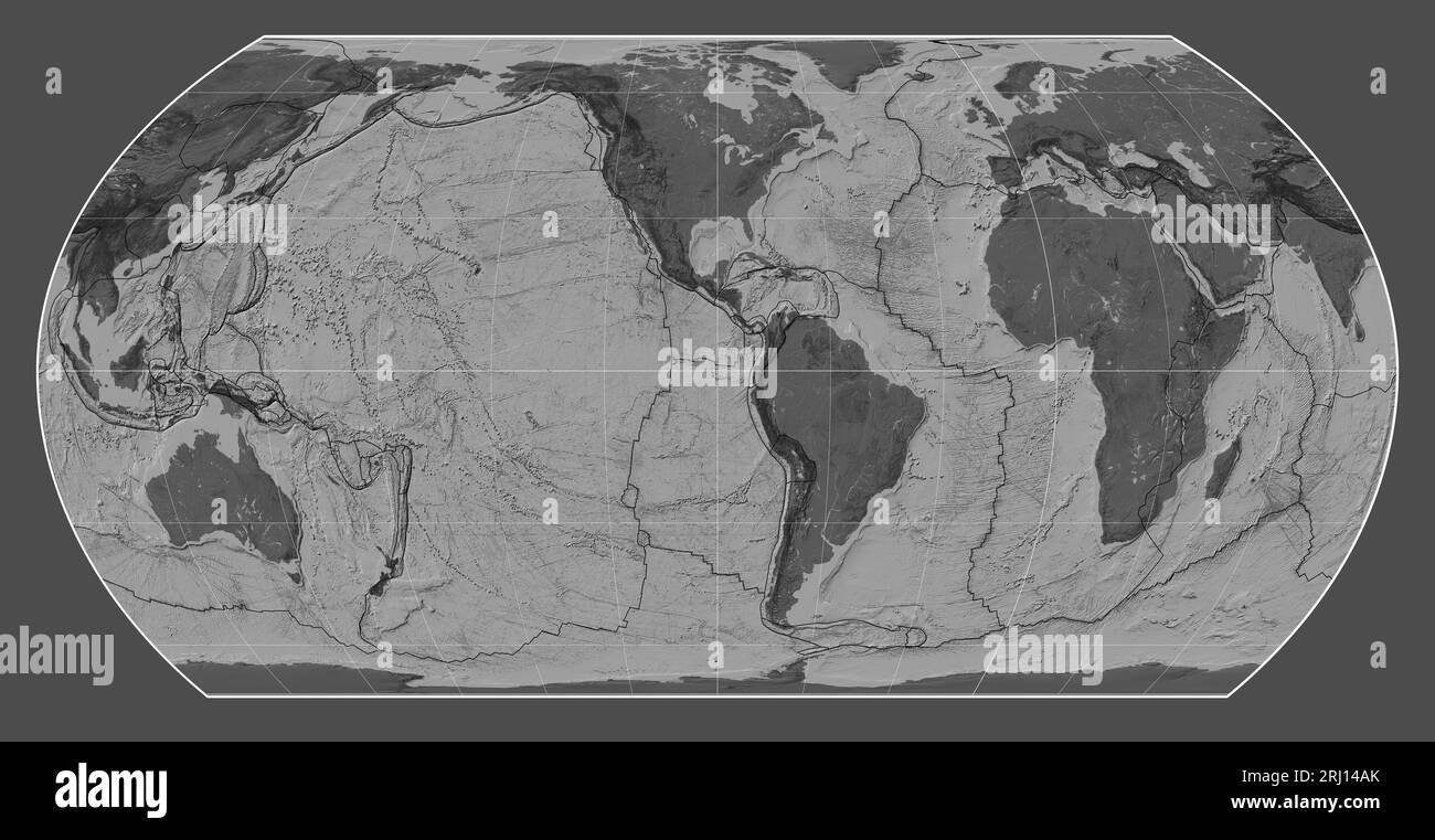 Tectonic plate boundaries on a bilevel map of the world in the Hatano ...