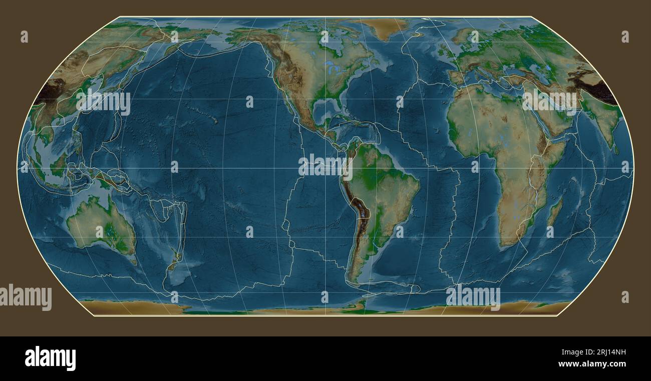 Tectonic plate boundaries on a physical map of the world in the Hatano ...