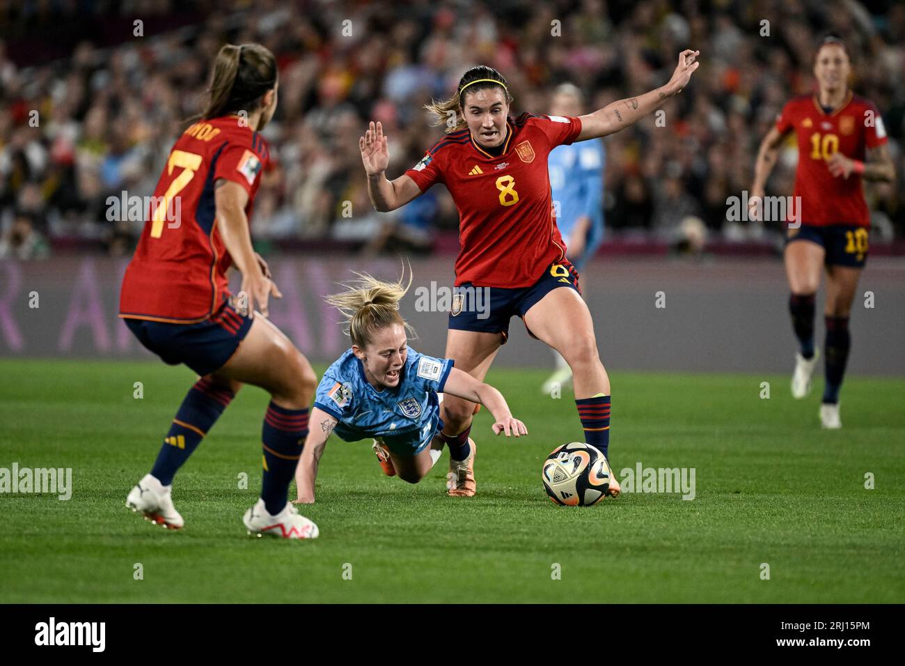 Stadium Australia, Sydney, NSW, Australia. 20th Aug, 2023. FIFA Womens World Cup Final Football, Spain versus England; Keira Walsh of England is fouled by Maria Caldentey of Spain Credit: Action Plus Sports/Alamy Live News Stock Photo