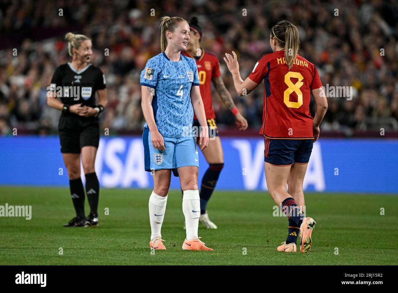 Stadium Australia, Sydney, NSW, Australia. 20th Aug, 2023. FIFA Womens World Cup Final Football, Spain versus England; Keira Walsh of England and Maria Caldentey of Spain disagree on the free kick Credit: Action Plus Sports/Alamy Live News Stock Photo