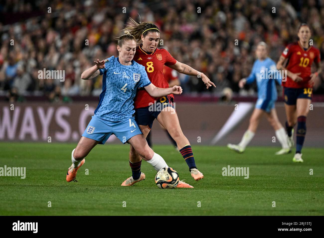 Stadium Australia, Sydney, NSW, Australia. 20th Aug, 2023. FIFA Womens World Cup Final Football, Spain versus England; Keira Walsh of England under pressure from Maria Caldentey of Spain Credit: Action Plus Sports/Alamy Live News Stock Photo