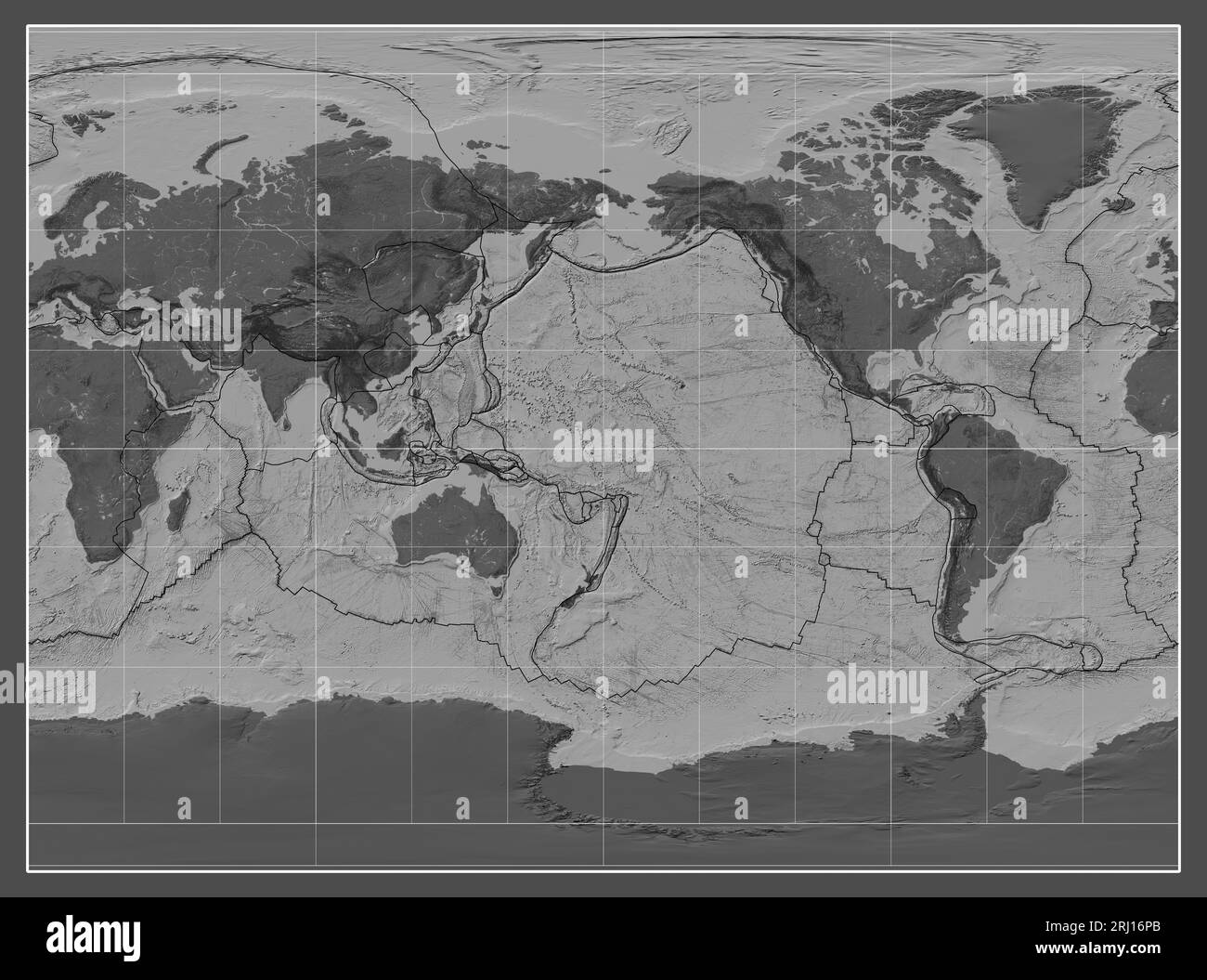 Tectonic plate boundaries on a bilevel map of the world in the Miller