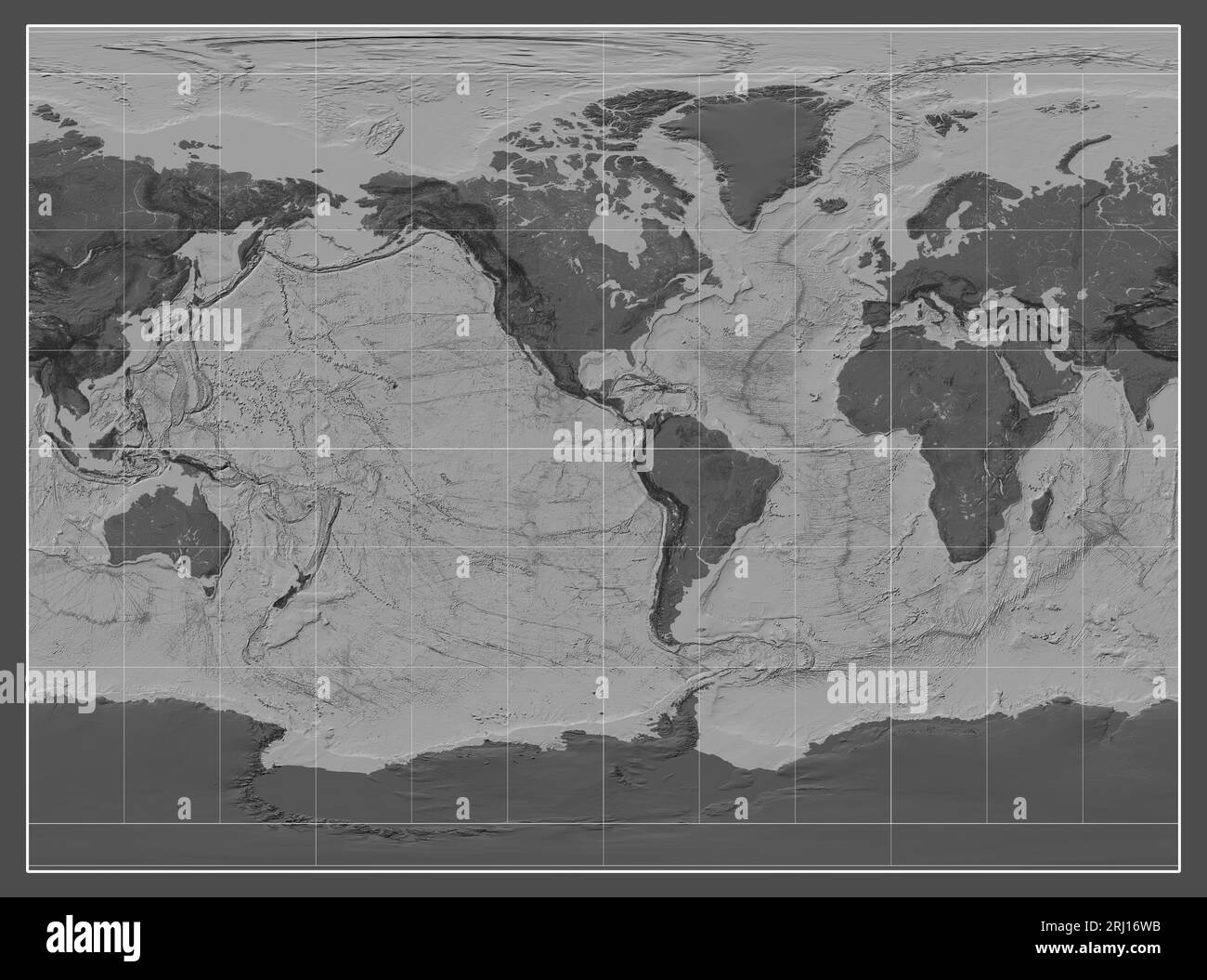 Bilevel map of the world in the Miller Cylindrical projection centered ...