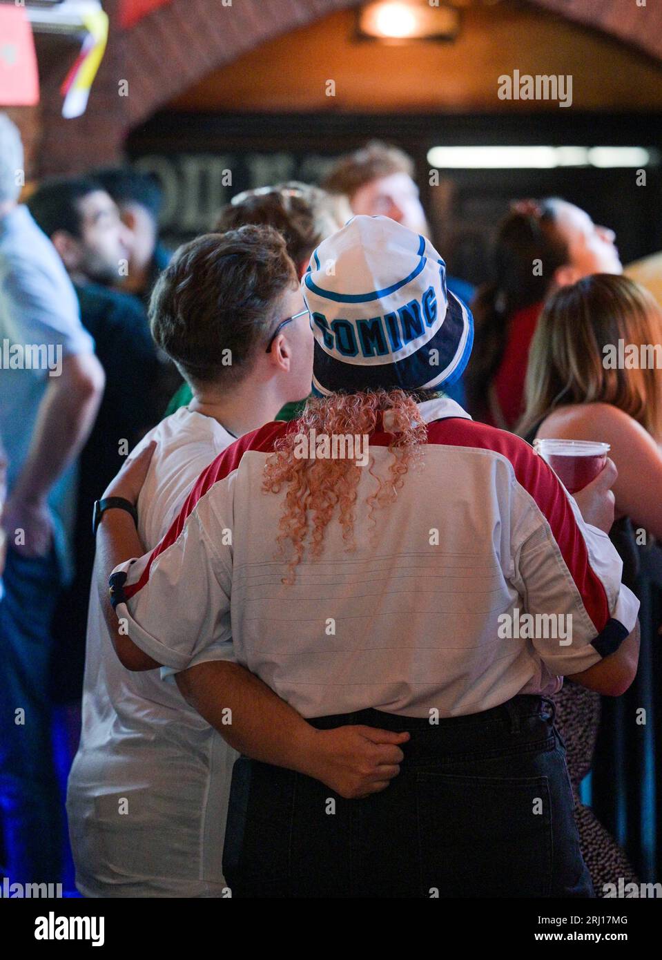 Brighton UK 20th August 2023 - England fans in the King & Queen pub in Brighton show their emotions as they watch England lose one nil to Spain in the Women's World Cup Final held in Australia   : Credit Simon Dack / Alamy Live News Stock Photo