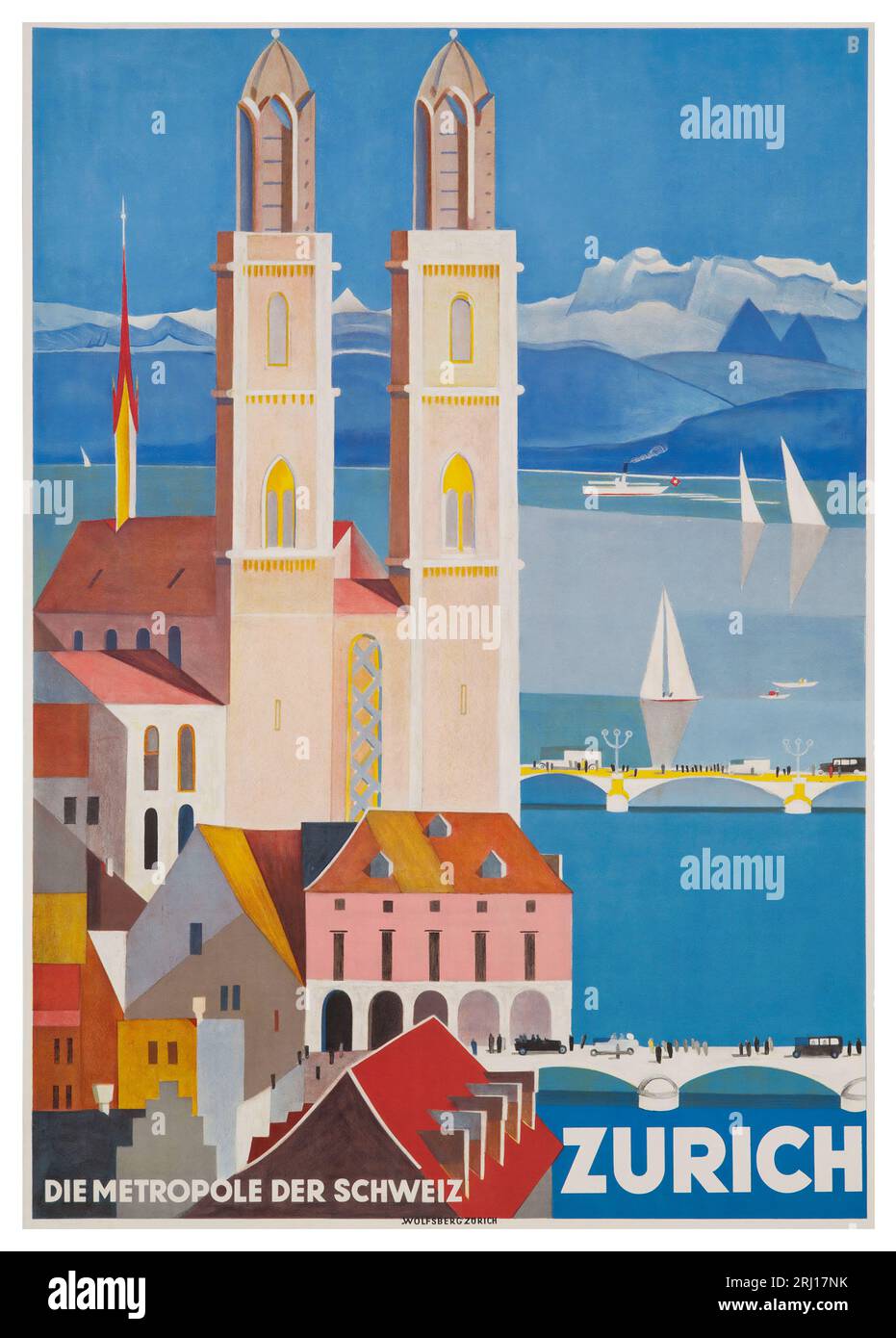 1928 Zurich city poster by BAUMBERGER with view of cathedral, town and lake beyond. Stock Photo