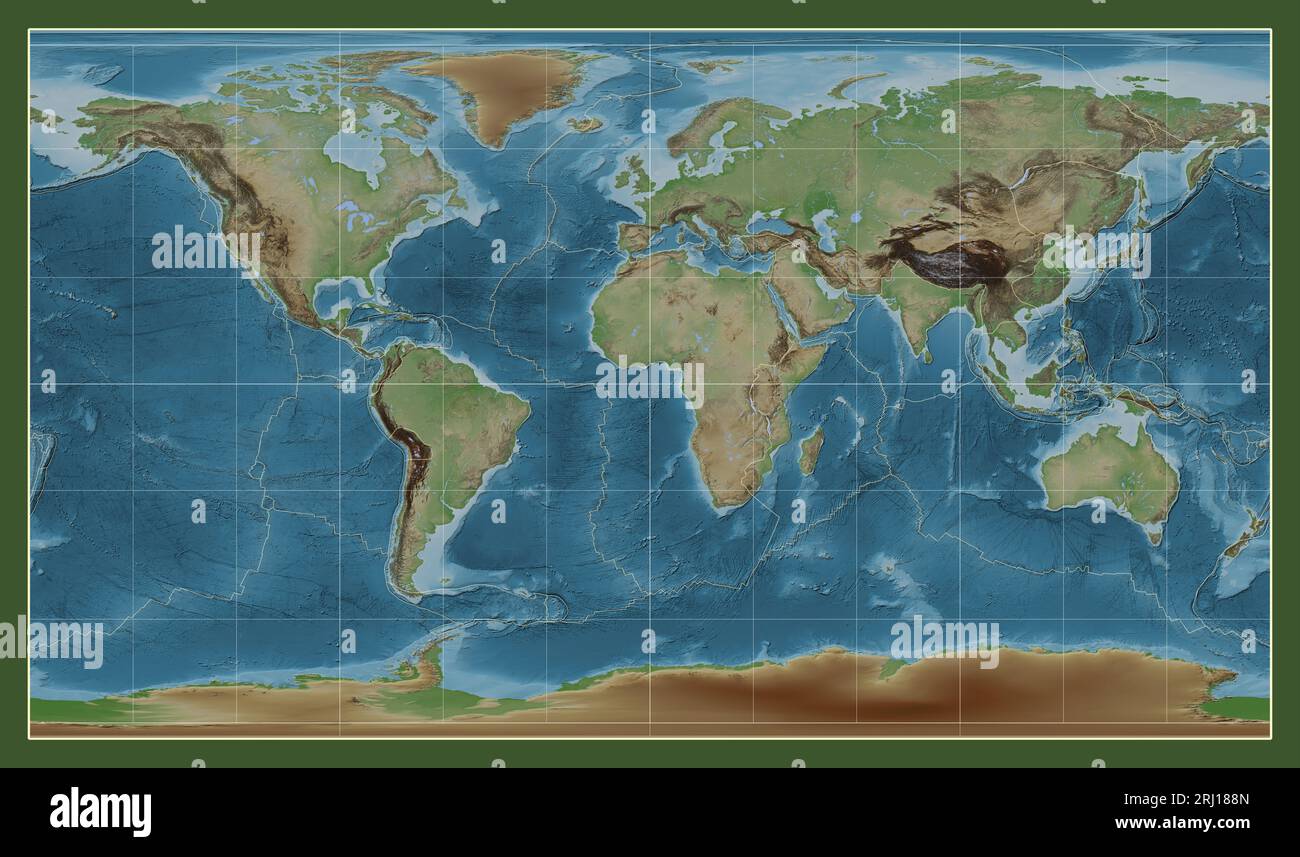 Tectonic plate boundaries on a colored elevation map of the world in ...