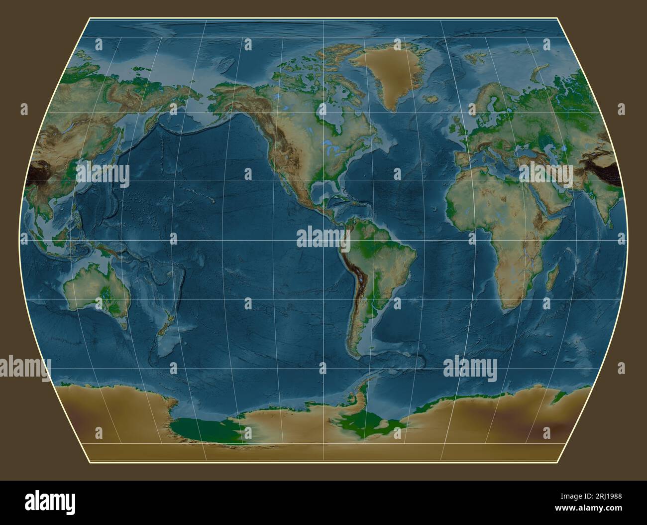 Physical map of the world in the Times projection centered on the ...