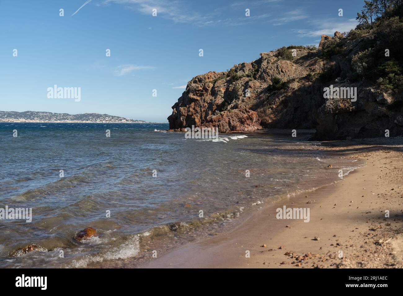Aiguille beach in Theoule sur Mer on the French Riviera coast, travel ...