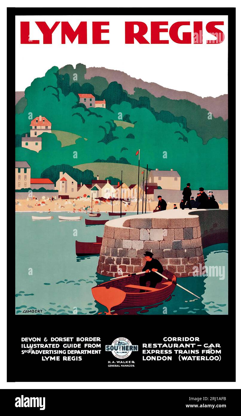 1926 Lyme Regis by Southern Railways poster by Lambert with the cob, town and fishermen Stock Photo