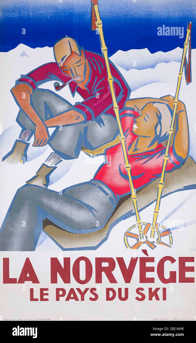 1936 Norway Ski poster,   La Norvege, Le pays du ski with man and woman relaxing with skis Stock Photo