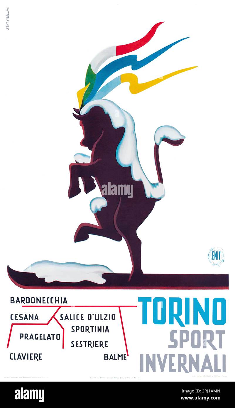 1950 Vintage Turin Winter Sport poster featuring the resorts of Sestriere, Salice d'Ulzio (Sauze d'Oulx), Cesana, Pragelato. Balme and Bardonecchia Stock Photo