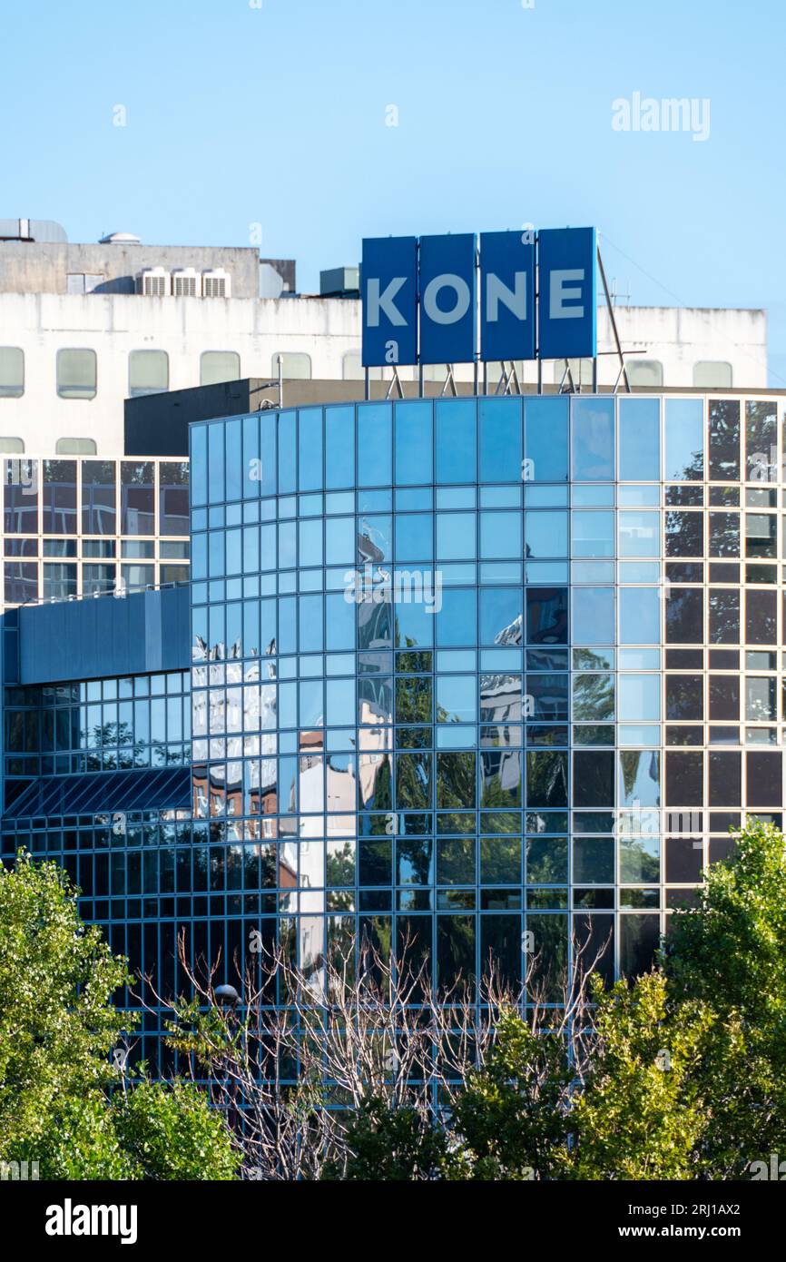 Sign and logo on the Kone building in Asnieres-sur-Seine, France. Kone is a Finnish company specializing in elevators, escalators and automatic doors Stock Photo