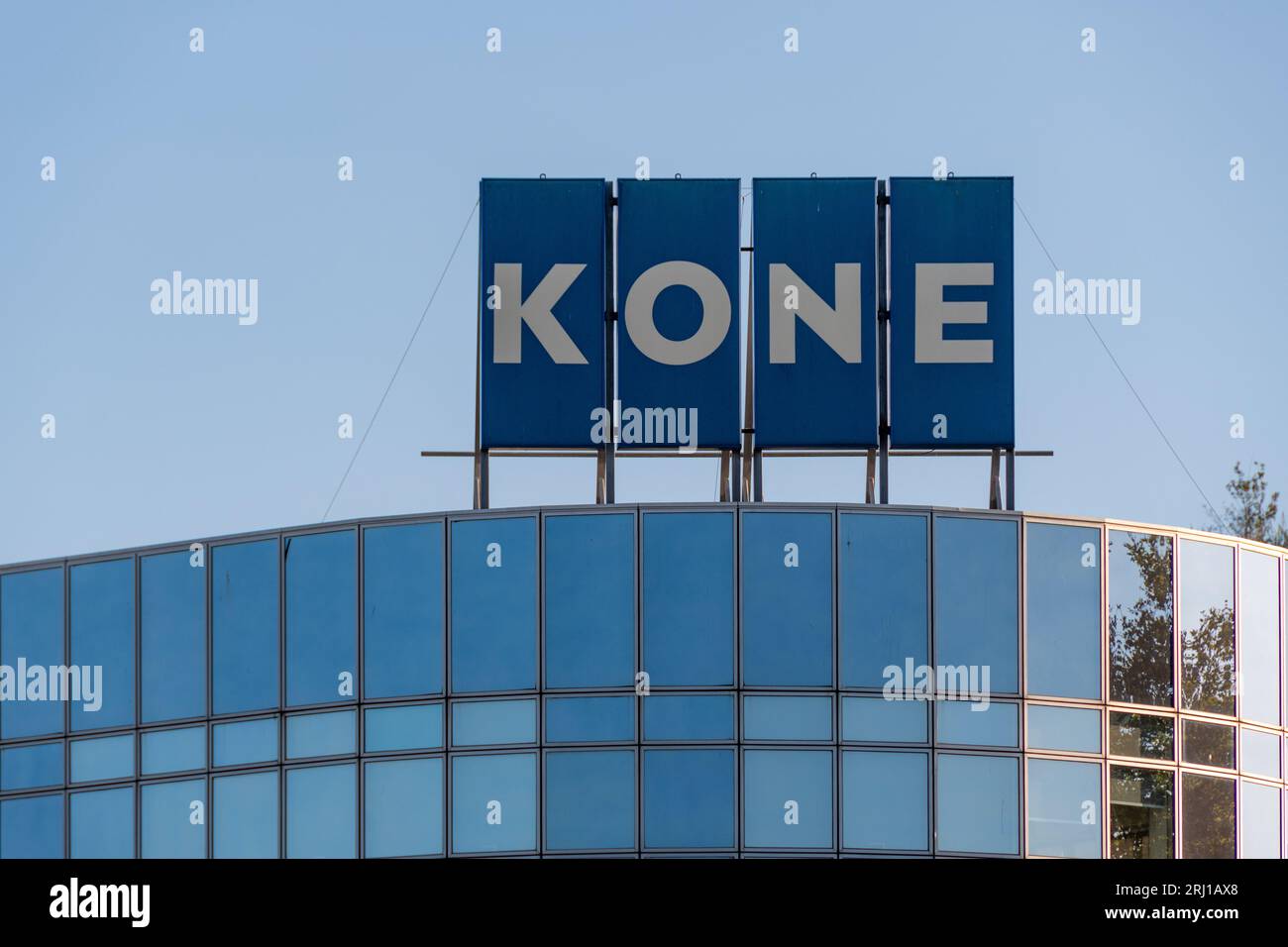 Sign and logo on the Kone building in Asnieres-sur-Seine, France. Kone is a Finnish company specializing in elevators, escalators and automatic doors Stock Photo