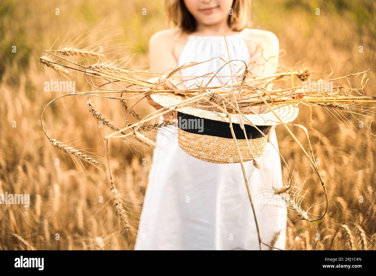Happy girl in white dress with straw hat full of ears of wheat, rye ...