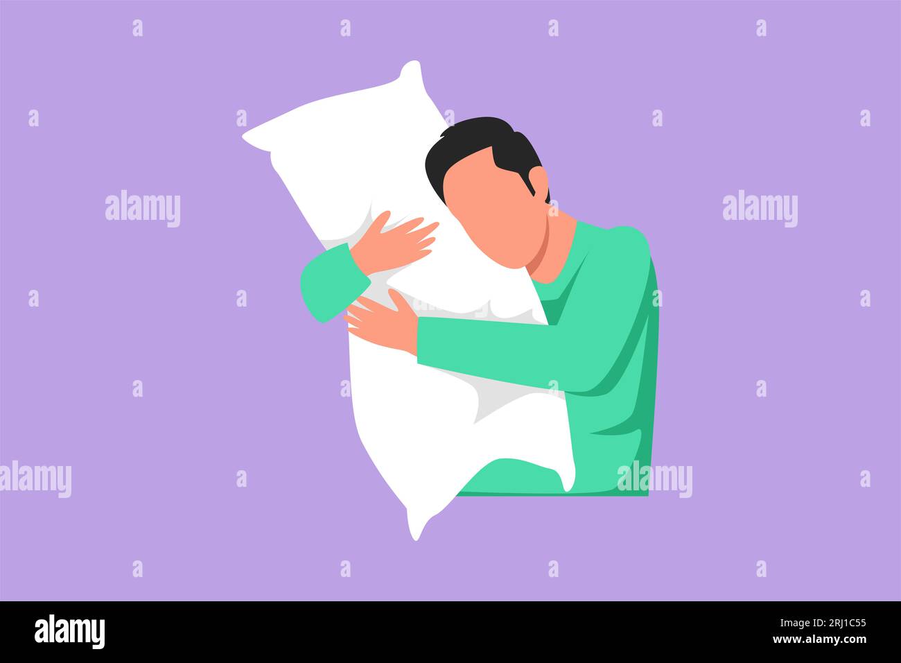Cartoon flat style drawing male sleeping while hugging huge pillow. Activities of sleepy people. Sweet dream or sleep concept. Man took sleeping pill Stock Photo