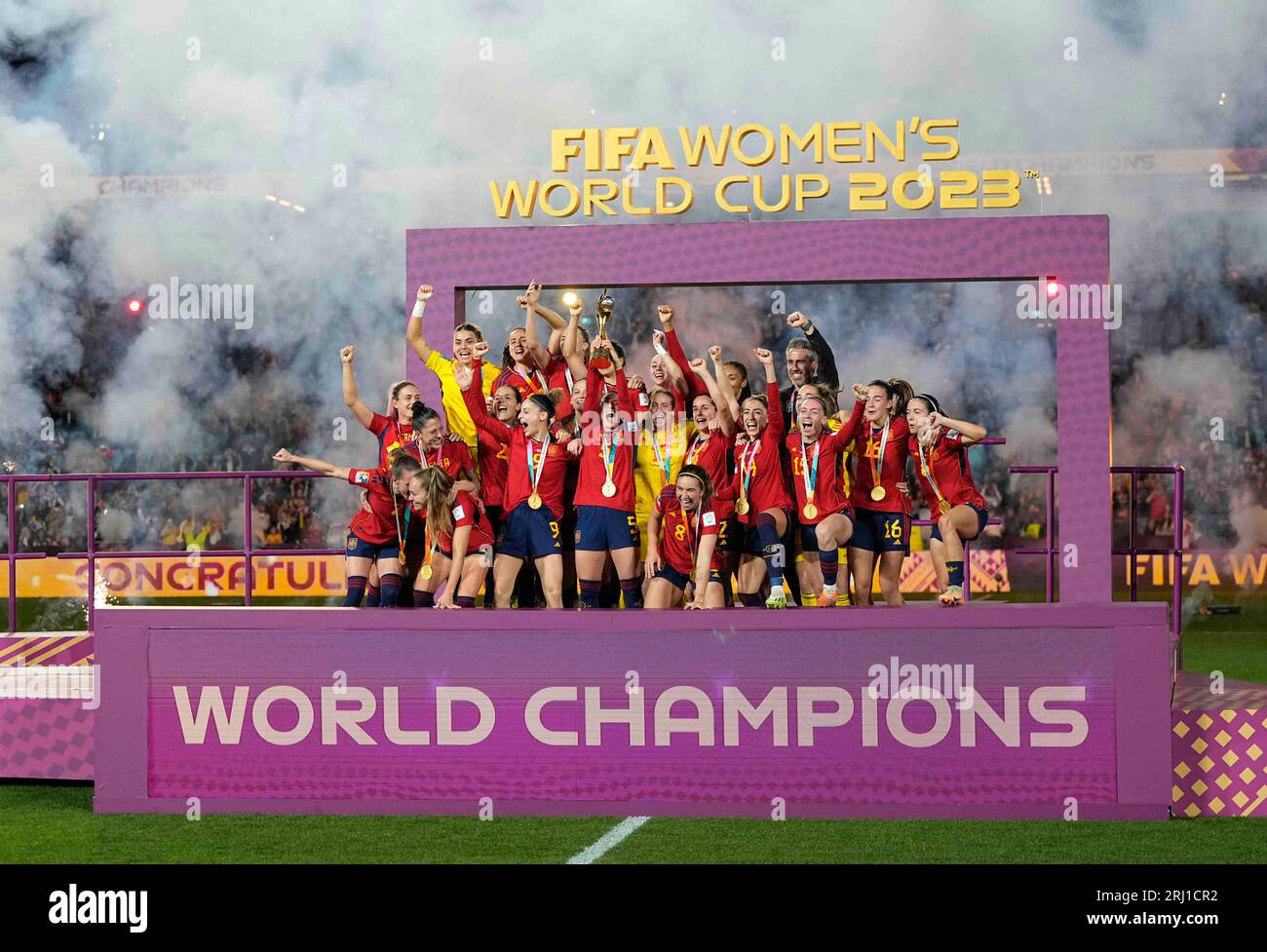 August 20 2023 Spanish team with the the World Cup trophy during a FiFA Womens World Cup Final game, Spain versus England, at Olympic Stadium, Sydney, Australia