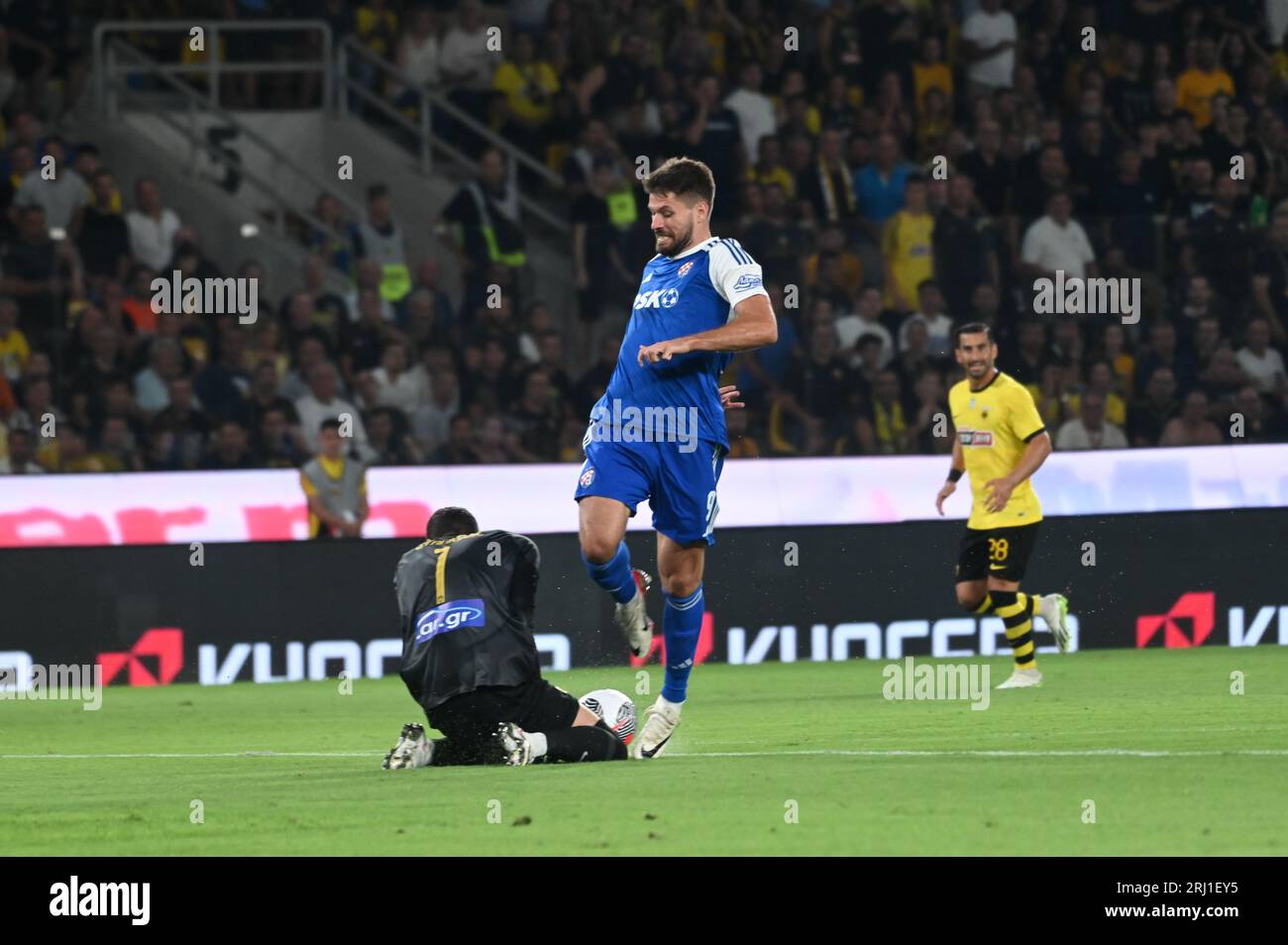 Athens, Greece. 19th Aug, 2023. Save of goalkeeper of AEK Stankovic (no 1) in front of Petkovic (no 9) of GNK Dinamo. (Photo by Dimitrios Karvountzis/Pacific Press) Credit: Pacific Press Media Production Corp./Alamy Live News Stock Photo