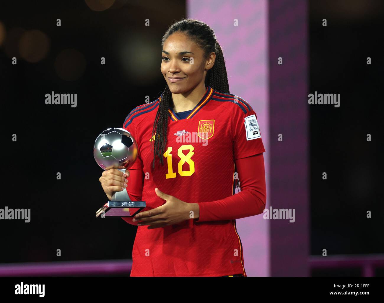 Spain's Salma Paralluelo poses with her Tournaments Best Young Player Award during the FIFA Women's World Cup final match at Stadium Australia, Sydney. Picture date: Sunday August 20, 2023. Stock Photo