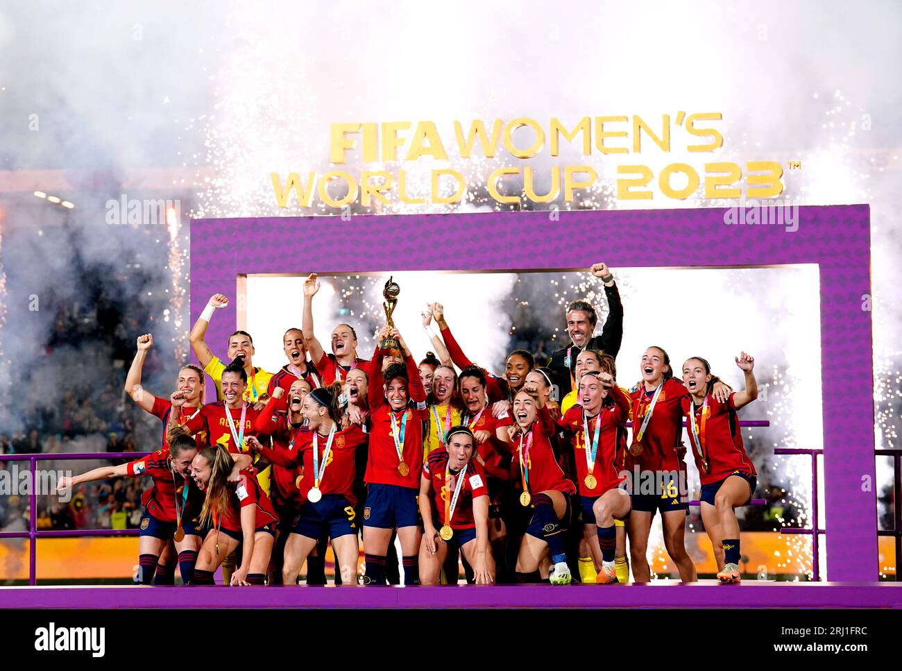 Spain's Ivana Andres lifts the FIFA Women's World Cup trophy as she