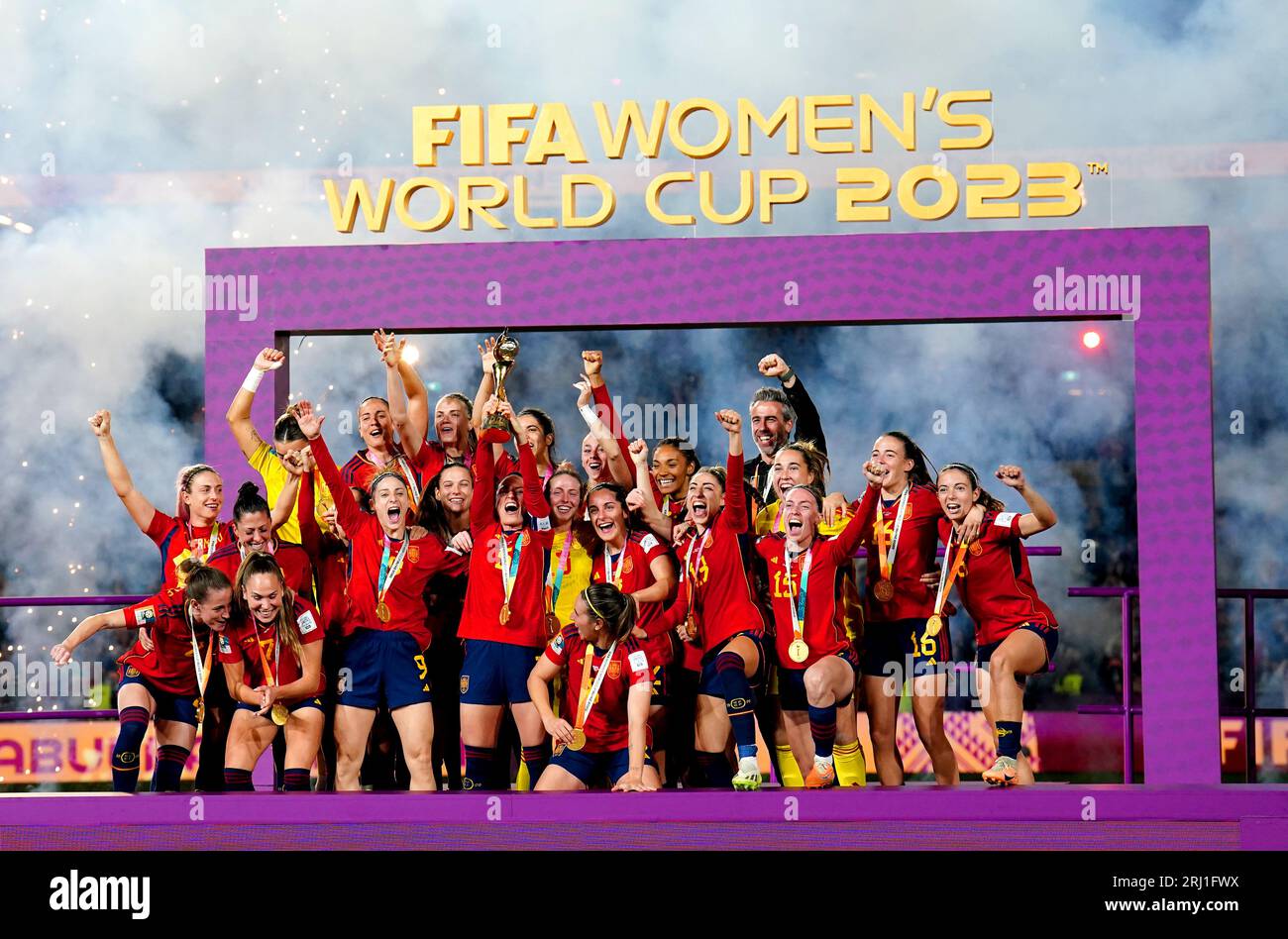 Spain's Ivana Andres lifts the FIFA Women's World Cup trophy as she