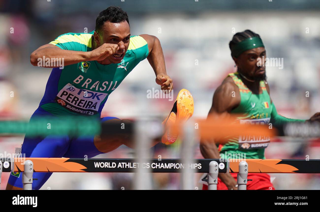 Budapest, Hungary. 20th Aug, 2023. Athletics: World Championships, 110 m hurdles, preliminary heat, men, at the National Athletics Center. Rafael Pereira (Brazil) in action. Credit: Marcus Brandt/dpa/Alamy Live News Stock Photo