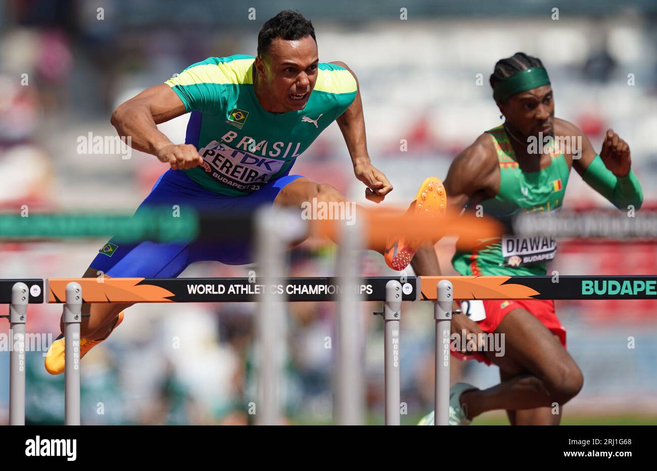 Budapest, Hungary. 20th Aug, 2023. Athletics: World Championships, 110 m hurdles, preliminary heat, men, at the National Athletics Center. Rafael Pereira (Brazil) in action. Credit: Marcus Brandt/dpa/Alamy Live News Stock Photo