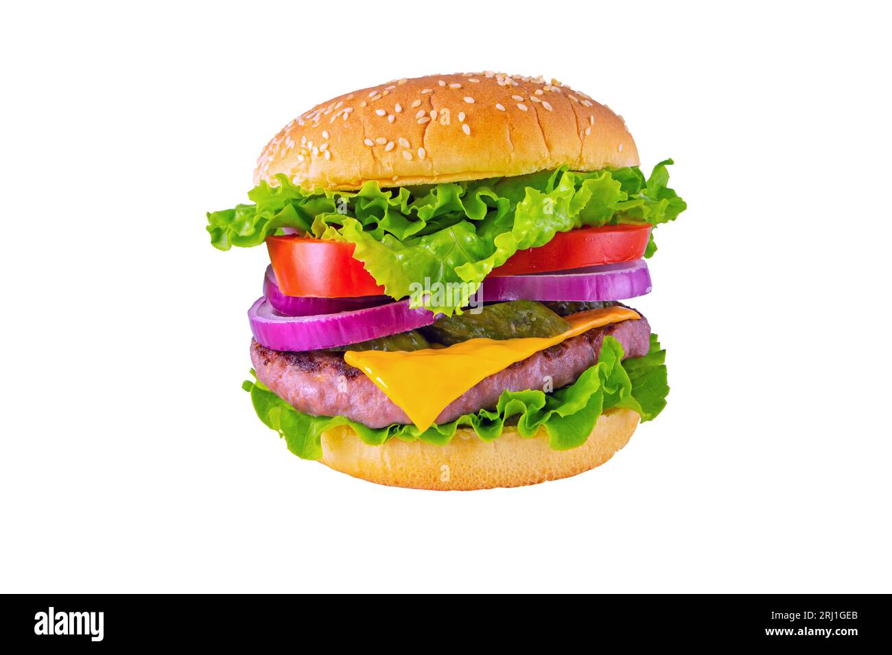 Hamburger or burger with patty of ground beef meat, cheese, lettuce, tomato, onion,  pickles and bun with sesame seeds. Tasty colorful sandwich isolat Stock Photo