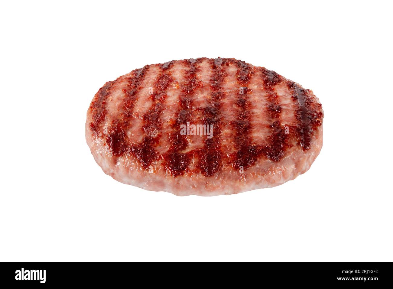 Ground beef meat patty or burger with blackened grill marks isolated on