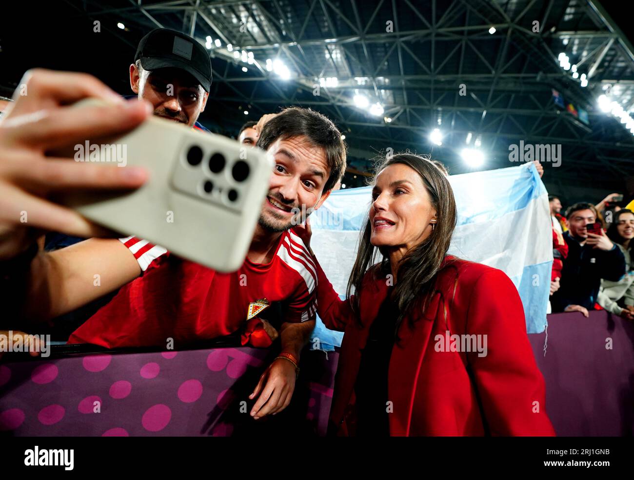 Queen Letizia of Spain poses for a photo with a fan at the end of the FIFA Women's World Cup final match at Stadium Australia, Sydney. Picture date: Sunday August 20, 2023. Stock Photo