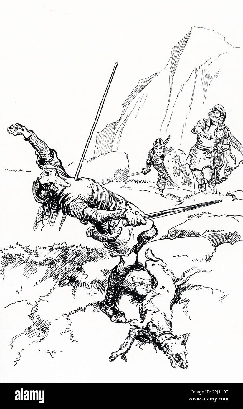 The early 1900s caption reads: 'Olaf shot a spear at Thorir and it struck him.' Stock Photo