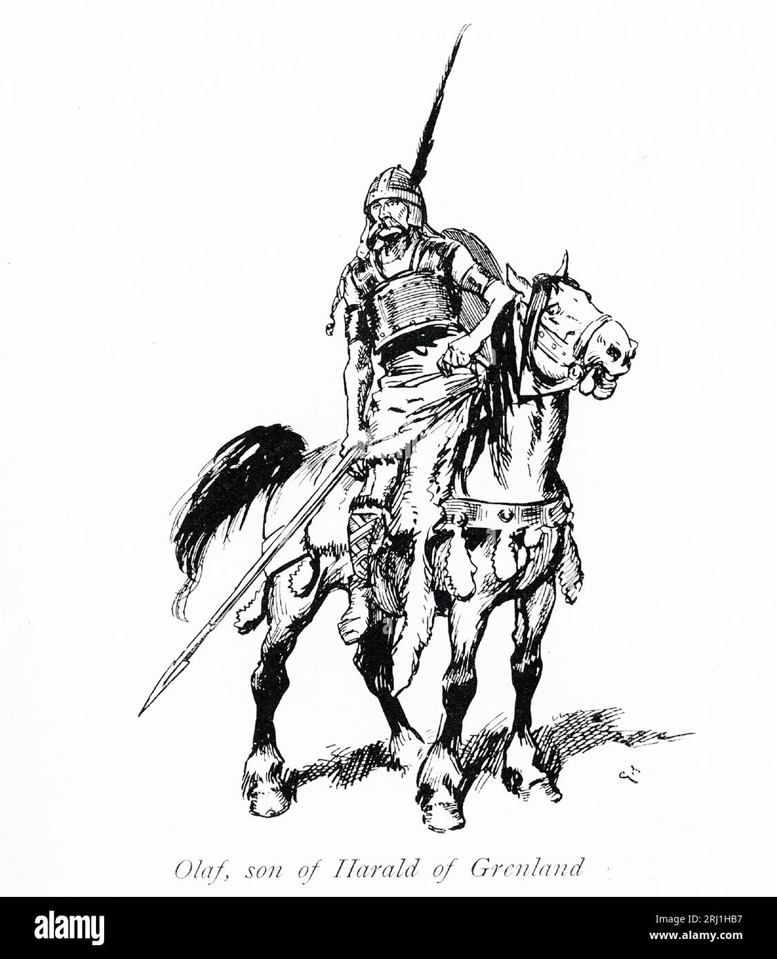 The early 1900s caption reads: 'Olaf son of Harald of Grenland.' Olaf, the great-grandson of the Norwegian king Harald I Fairhair and the son of Tryggvi Olafsson, a chieftain in southeastern Norway, was born soon after his father was killed by the Norwegian ruler Harald II Graycloak.  Legend said that Olaf fled with his mother, Astrid, to the court of St. Vladimir, grand prince of Kiev and of all Russia, and was trained as a Viking warrior. Stock Photo
