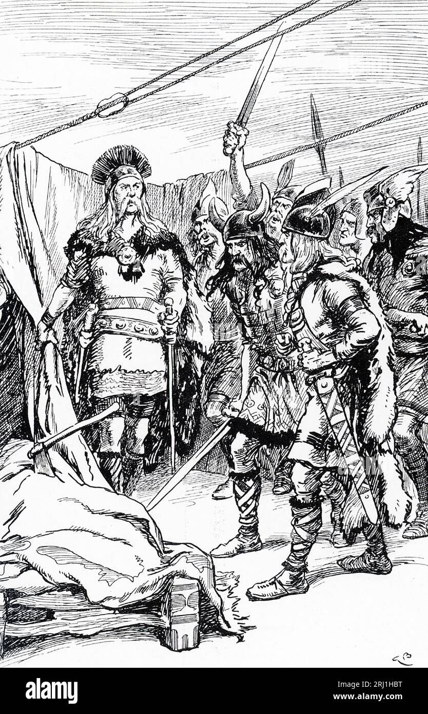 The early 1900s caption reads:' Harald the Hardredy called his men together and showed them the axe.' Harald Sigurdsson, also known as Harald III of Norway and given the epithet Hardrada (Hardredy) in the sagas, was King of Norway from 1046 to 1066. Additionally, he unsuccessfully claimed both the Danish throne until 1064 and the English throne in 1066 Stock Photo