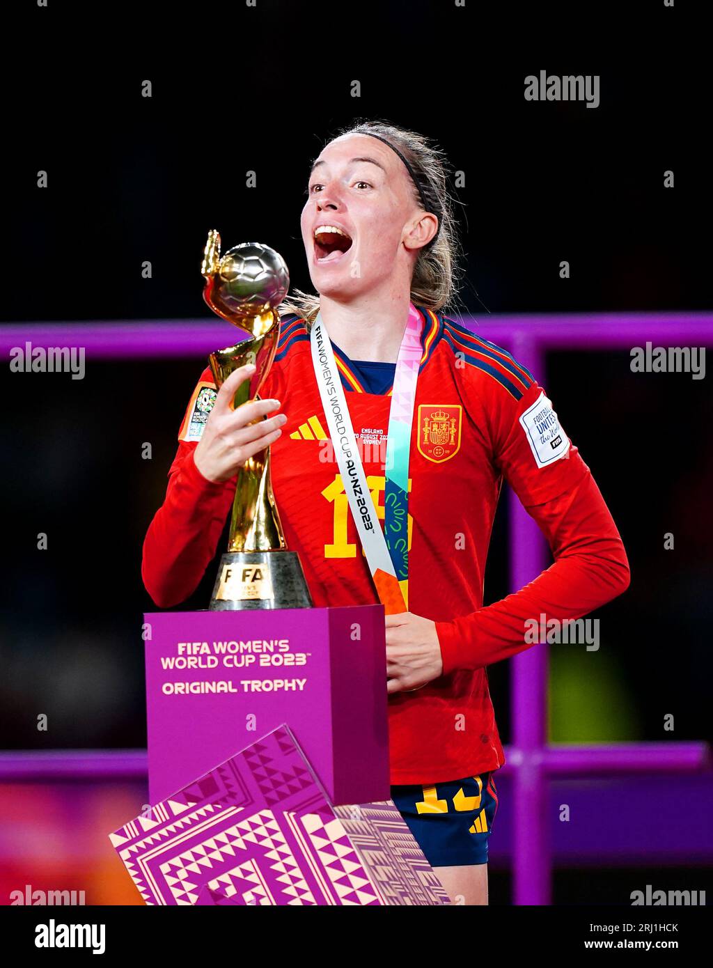 Spain's Eva Navarro poses with the trophy after being presented with her medal following victory in the FIFA Women's World Cup final match at Stadium Australia, Sydney. Picture date: Sunday August 20, 2023. Stock Photo