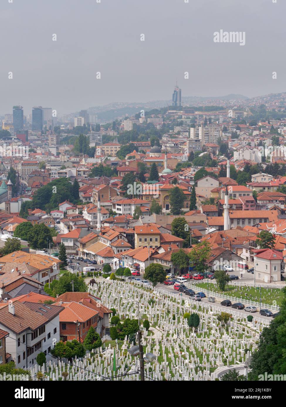 Elevated view over the city of Sarajevo with cemetery dominating the foreground, Bosnia and Herzegovina, August 19,2023. Stock Photo