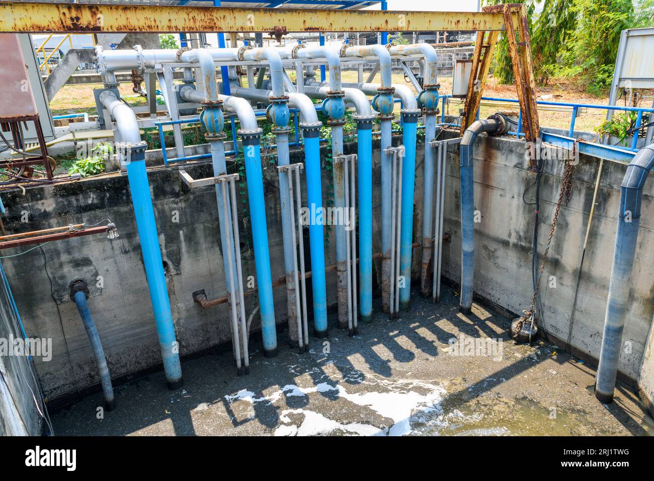 Water pipes connected to large water pumps are used to pump wastewater