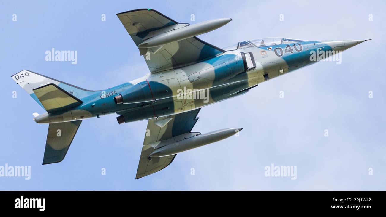 Top Aces Alpha Jet taking off from RAF Lakenheath airbase in Suffolk ready to support the USAF training sorties in August 2023. Stock Photo