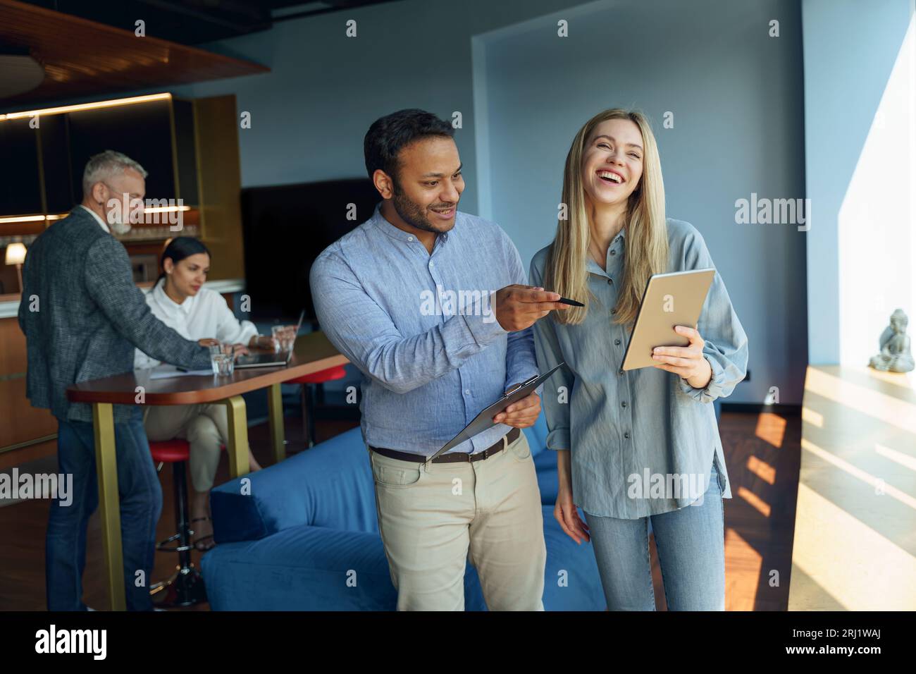 Group of diverse business people standing on office background and ...