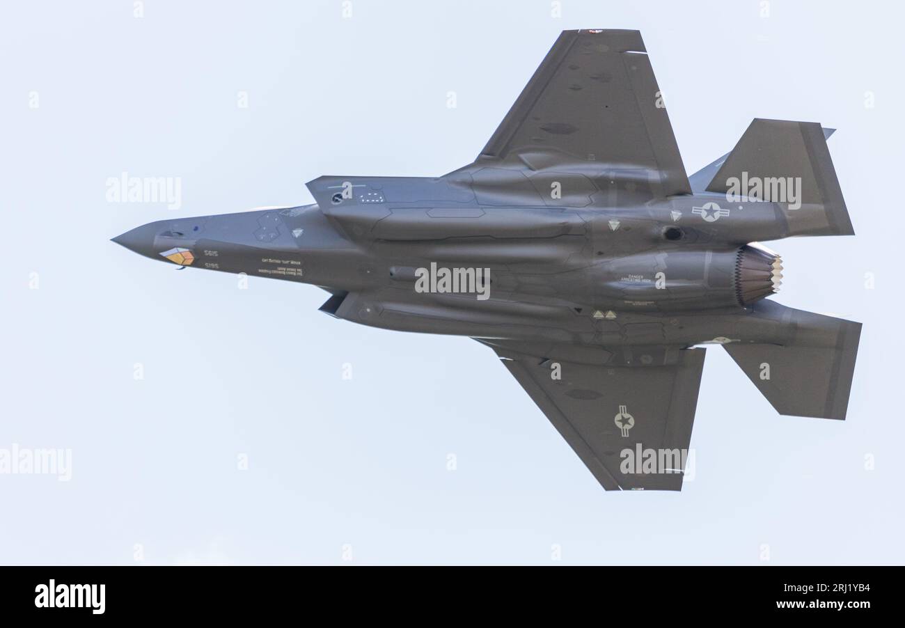 A F-35A Stealth fighter assigned to the 495th Fighter Squadron takes off from RAF Lakenheath in Suffolk on a training sortie in August 2023. Stock Photo