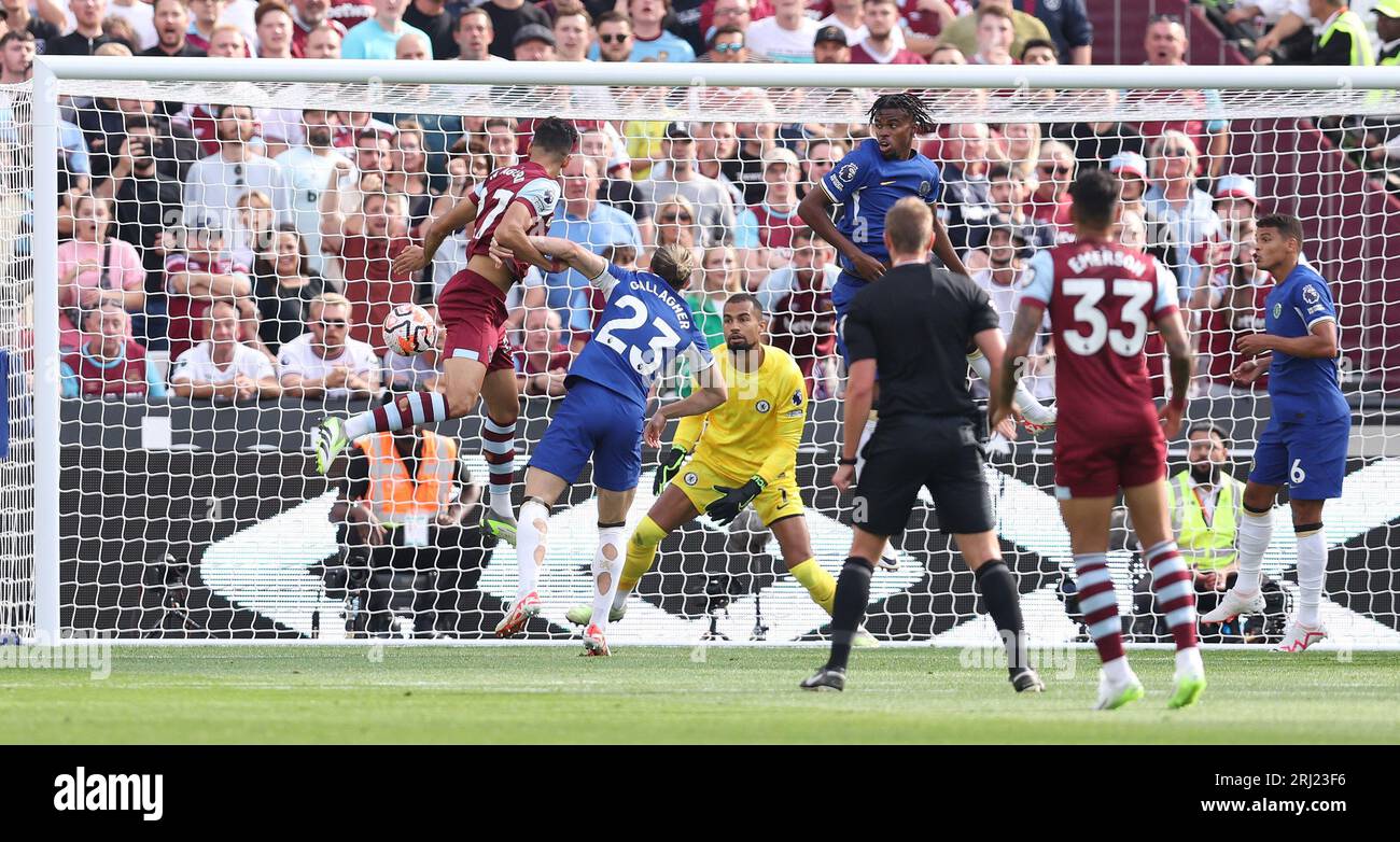 London, UK. 20th Aug, 2023. Nayef Aguerd of West Ham United scores the