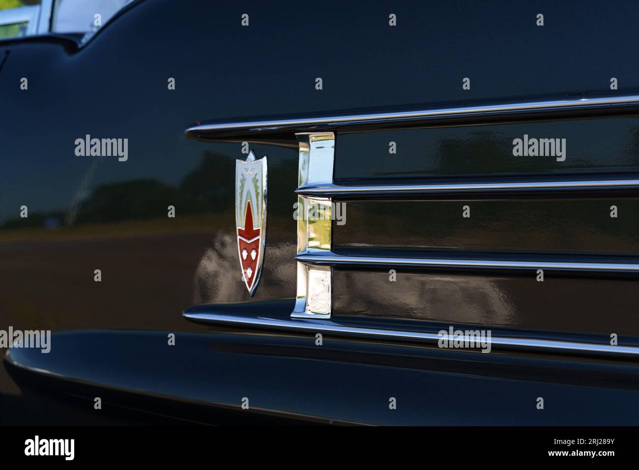 Waltershausen, Germany - June 10, 2023: Logo on the fender of a vintage American car Oldsmobile Rocket Super 88. Stock Photo