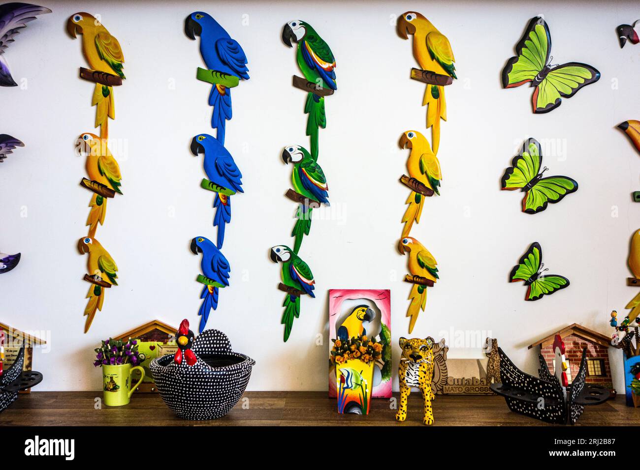 Wall art and toys at a Souvenir or gift shop in Mato Grosso, Brazil Stock Photo