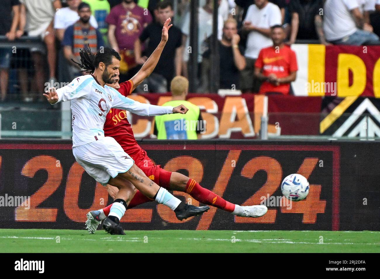 Rome, Italy. 20th Aug, 2023. Antonio Candreva of US Salernitana scores the goal of 1-1 during the Serie A football match between AS Roma and US Salernitana 1919 at Olimpico stadium in Rome (Italy), August 202th, 2023. Credit: Insidefoto di andrea staccioli/Alamy Live News Stock Photo